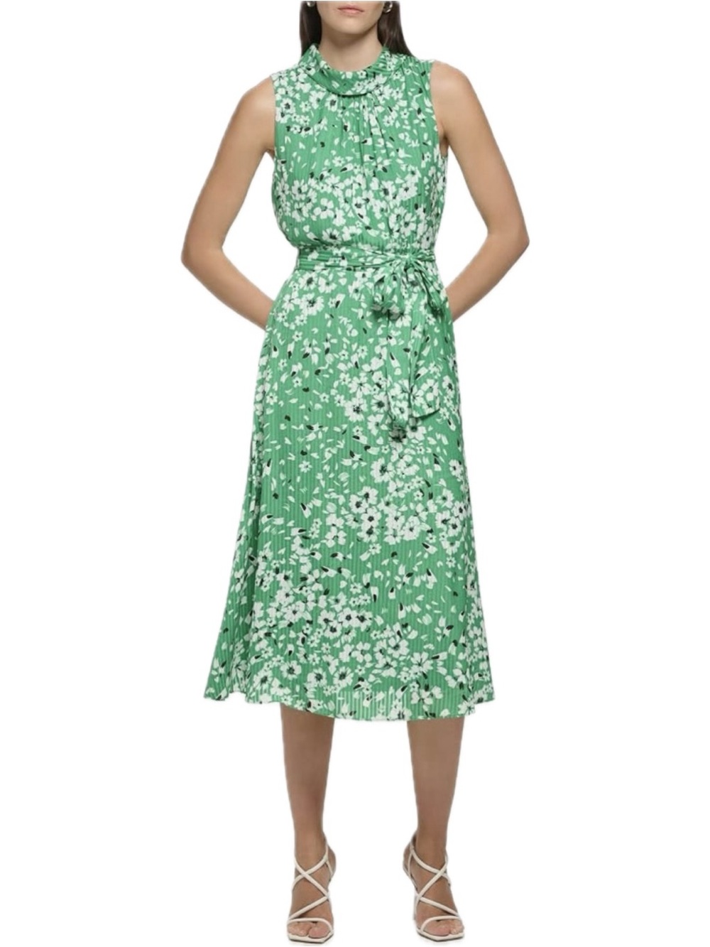 NWT Karl Lagerfeld Paris Womens Floral Waist Detail Midi Dress Sleeveless Summer
